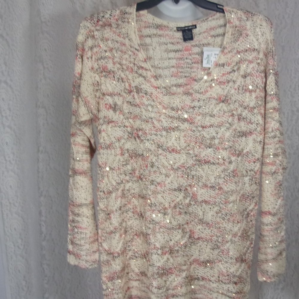 V Neck Bling Sweater Beige Ivory Peach Weave Size XL